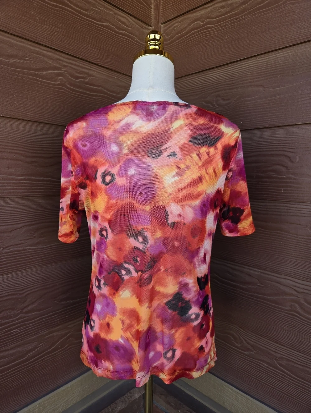 Ellen Tracy Stretch Colorful Mesh Floral Cowl Neck Women’s Top Size Medium NWOT